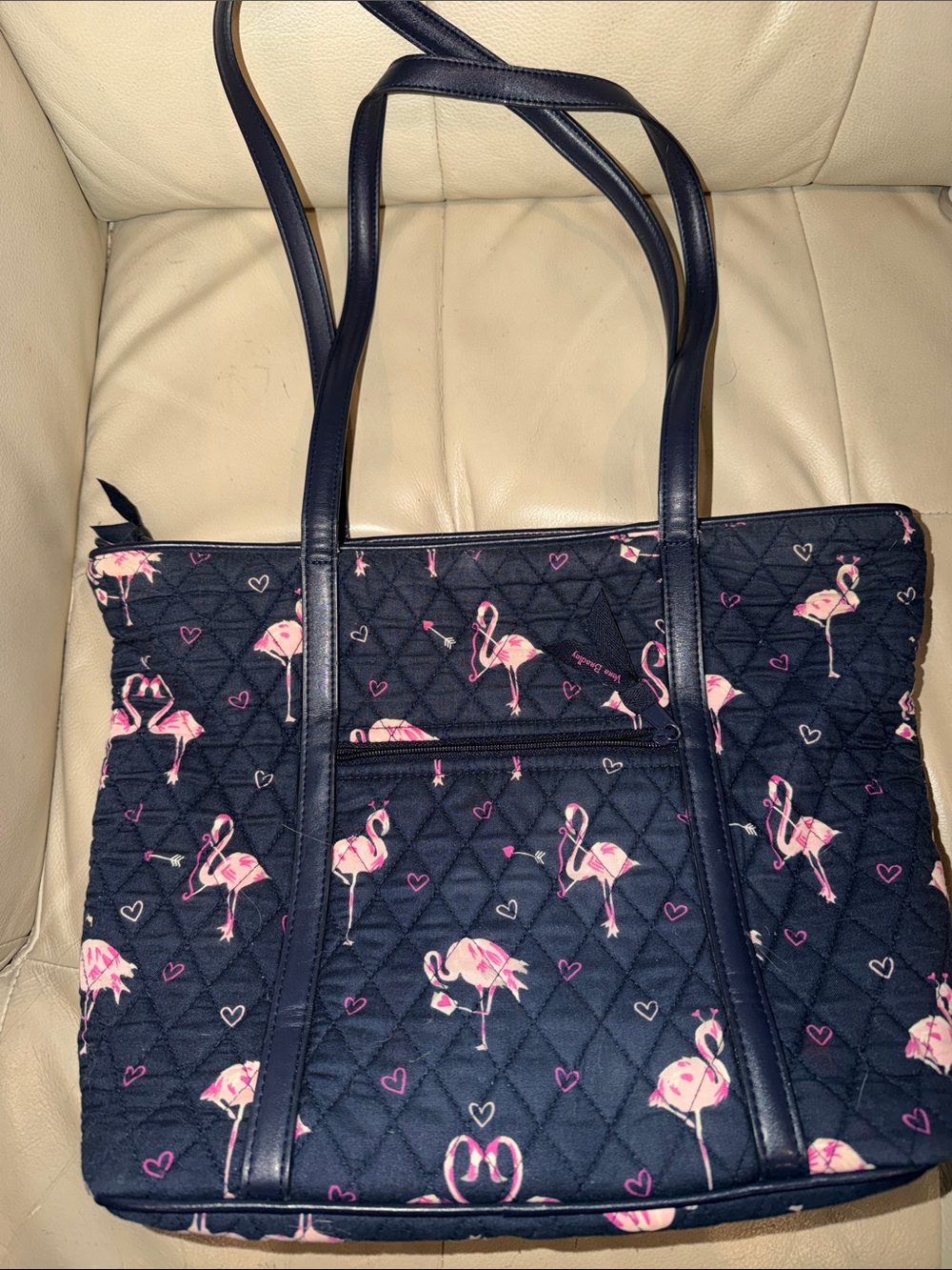 VERA BRADLEY Quilted Navy Tote with Pink Flamingo Print